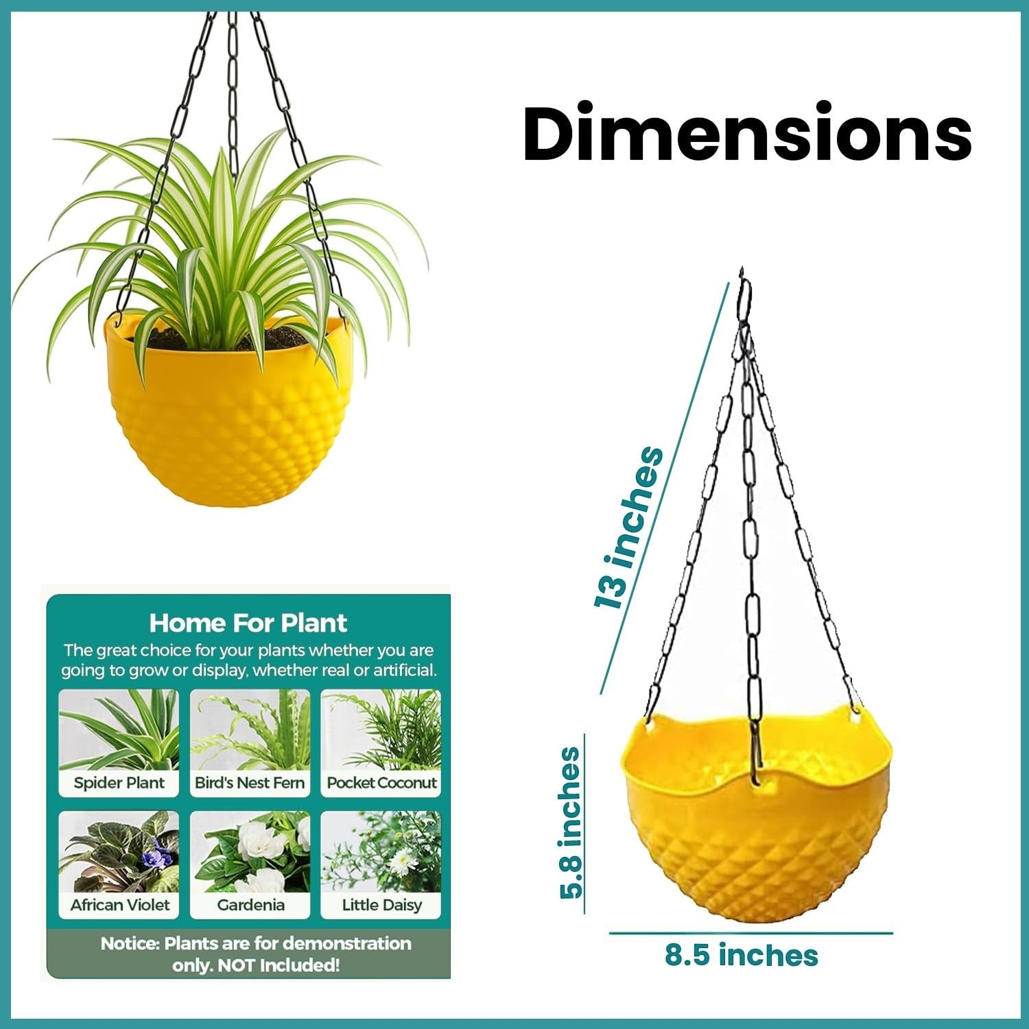 GoHooked yellow plastic hanging planter with woven texture and metal chain. 8.5 inch diameter.