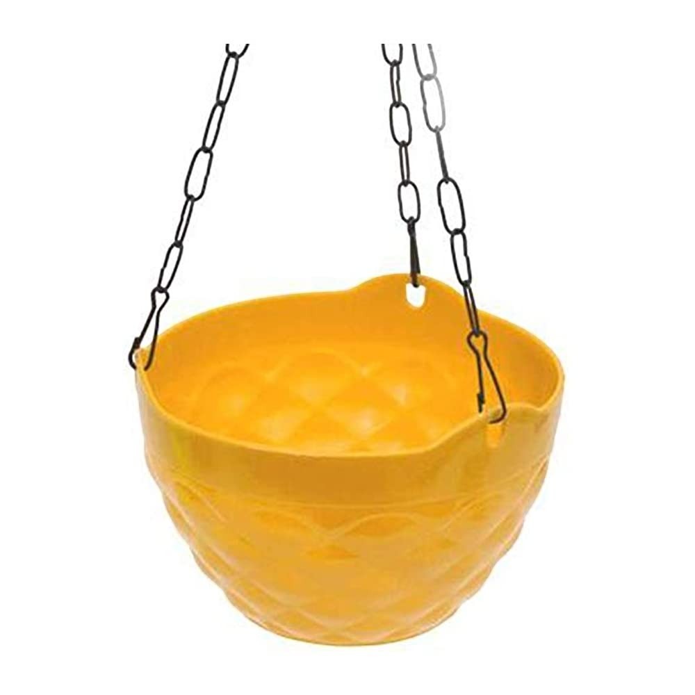 GoHooked yellow plastic hanging planter pot with diamond pattern and metal chain. Round, lightweight, 7.5 inch diameter.