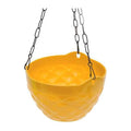 GoHooked yellow plastic hanging planter pot with diamond pattern and metal chain. Round, lightweight, 7.5 inch diameter.