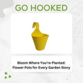 GoHooked yellow plastic hanging planter with hook for railings, balconies, and vertical gardens. 22cm diameter.