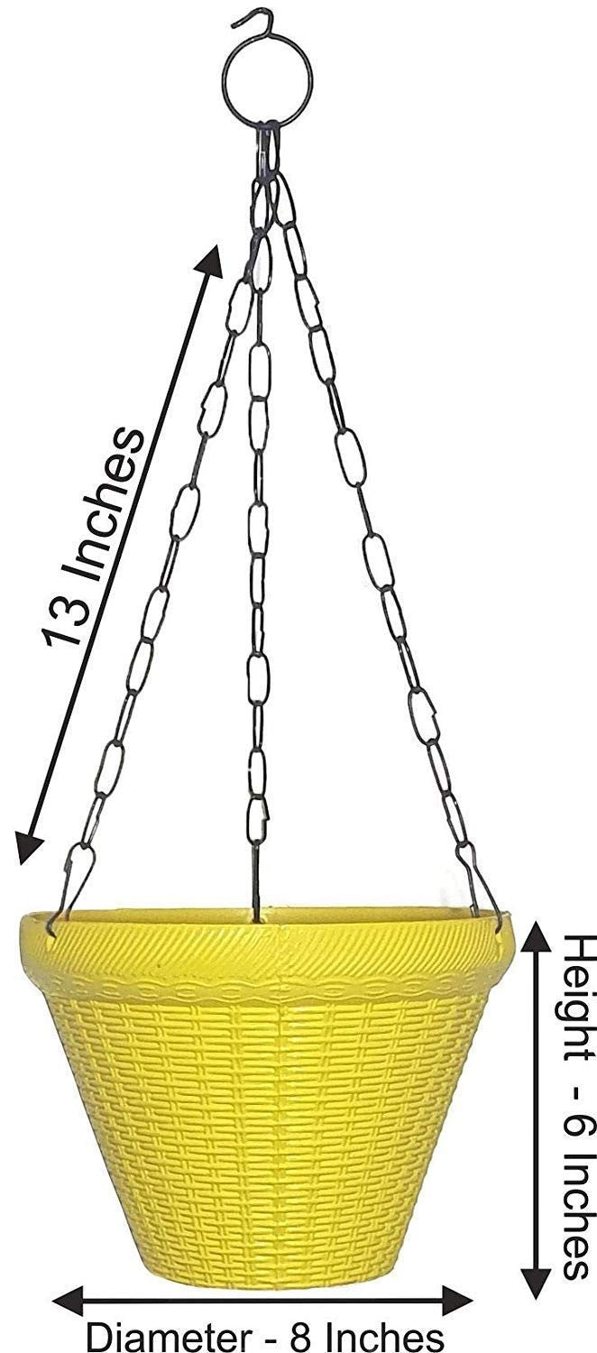 GoHooked yellow plastic hanging planter pot with woven texture and metal chain, 9-inch diameter.