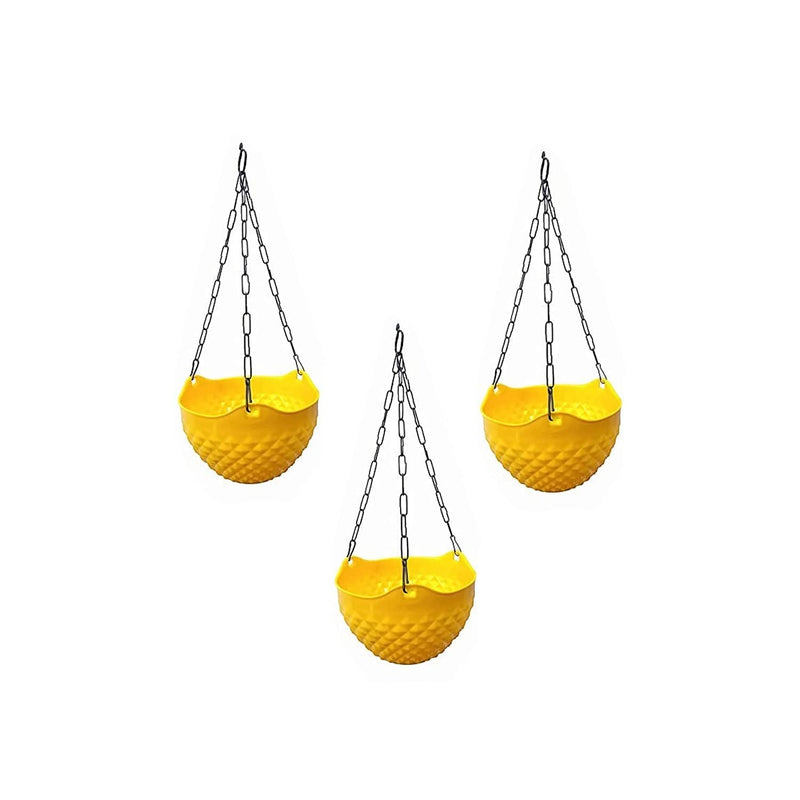GoHooked yellow plastic hanging planter pots with metal chains, set of 3. Textured woven design.