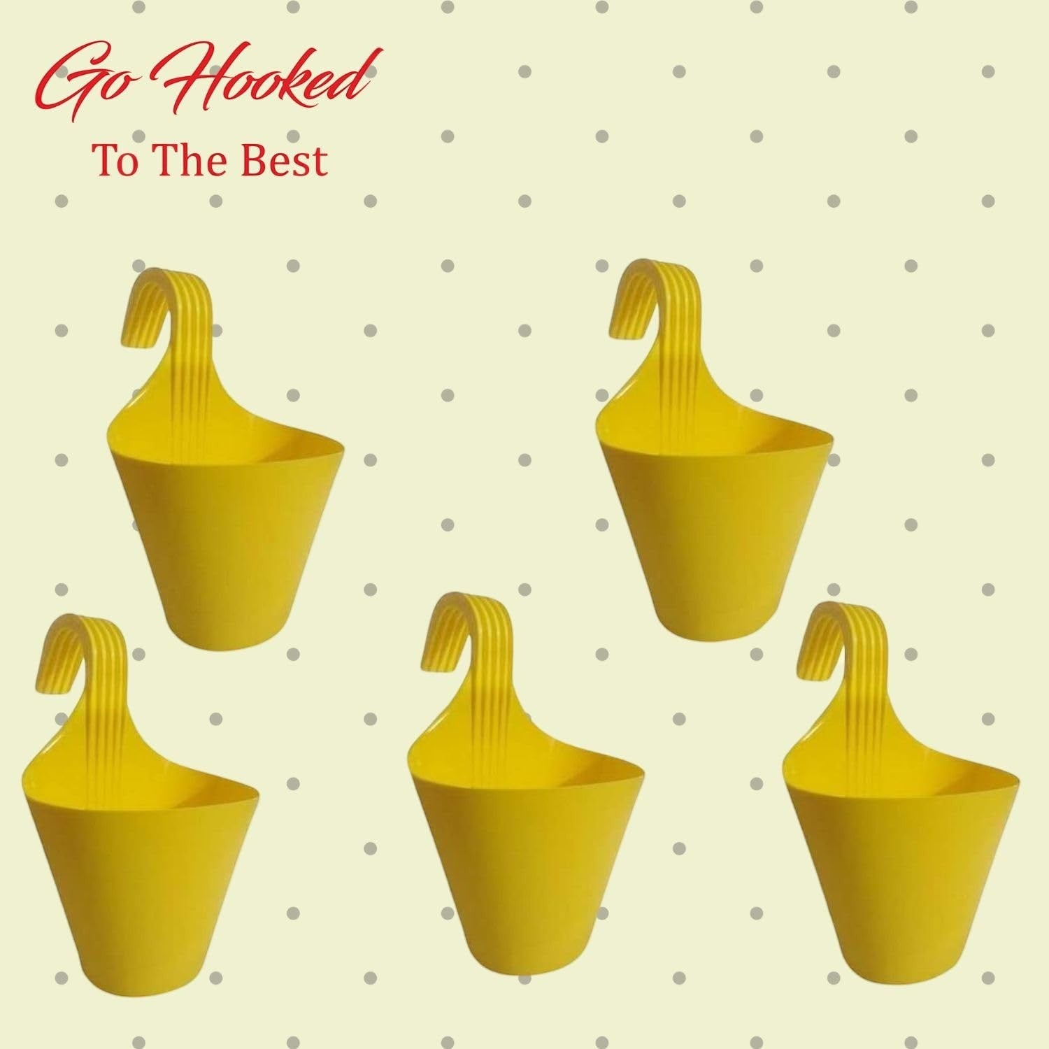 GoHooked yellow plastic hanging planter, 22 cm diameter, 17 cm height. Set of 5.