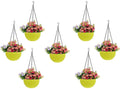 GoHooked yellow plastic hanging planter with woven texture, filled with pink and purple flowers. Set of 7.