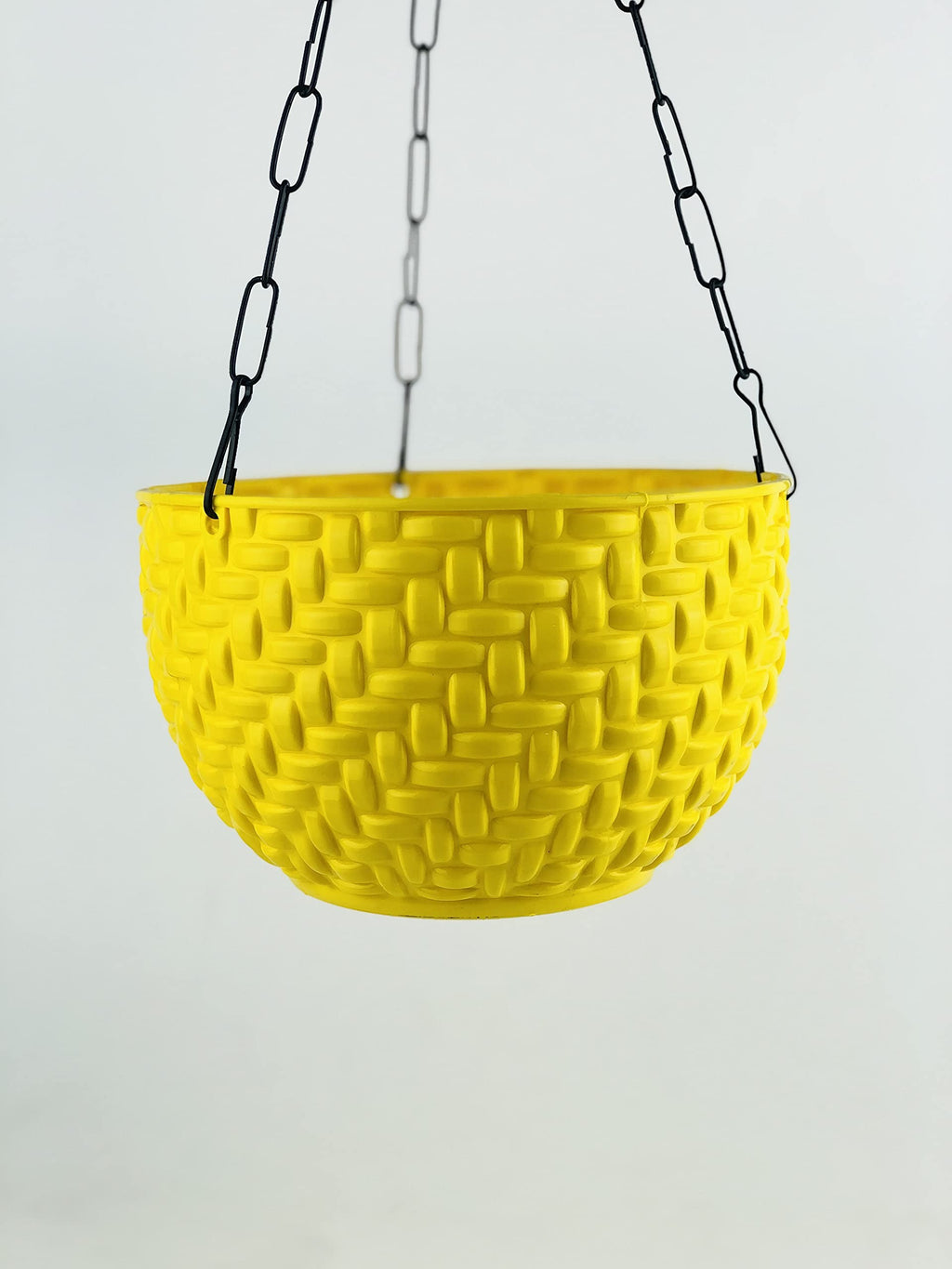 GoHooked yellow plastic hanging planter with woven texture and black chain. Ideal for indoor or outdoor use.