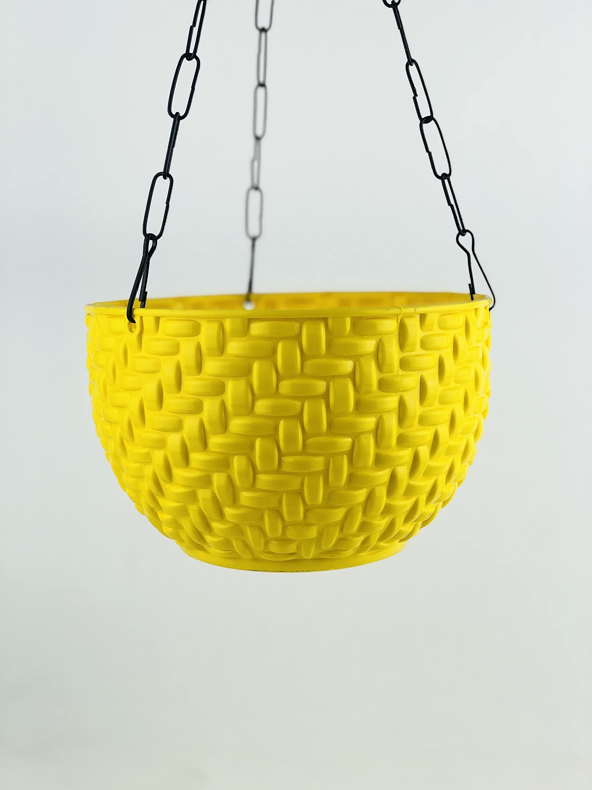 GoHooked yellow plastic hanging planter with woven texture and black chain. Ideal for indoor or outdoor use.