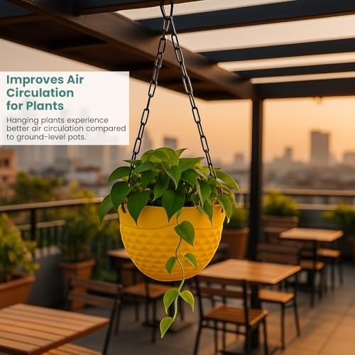 GoHooked yellow plastic hanging planter with woven texture and metal chain, perfect for home garden balcony.