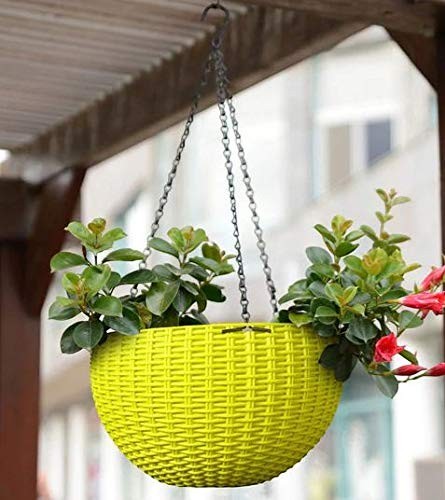 GoHooked yellow plastic hanging planter with woven texture, 7.1 inch diameter, perfect for patios and balconies.