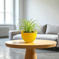 GoHooked yellow plastic round hanging planter with woven texture, holding a spider plant on a wooden table.