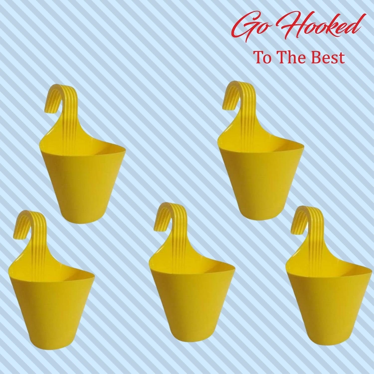Go Hooked yellow plastic hanging planters, set of 5, ideal for balconies and vertical gardens.