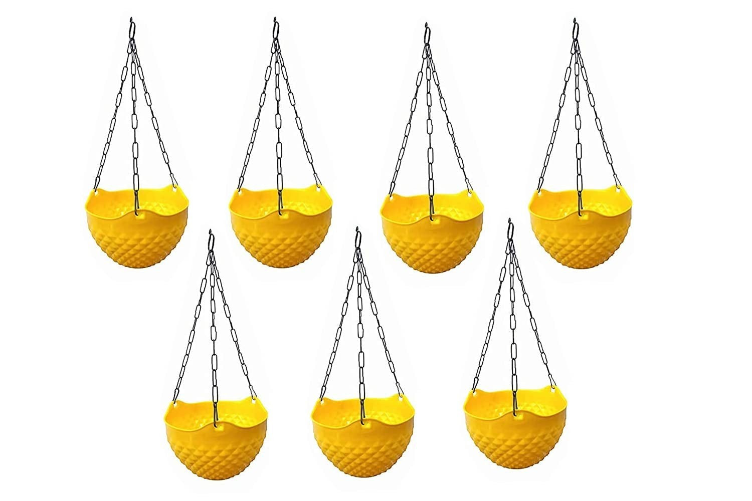 GoHooked set of 7 yellow plastic hanging planters with woven texture and metal chains. Ideal for home garden balcony.