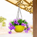 GoHooked yellow plastic hanging pot with woven texture, 7.1 inch diameter, filled with purple flowers.