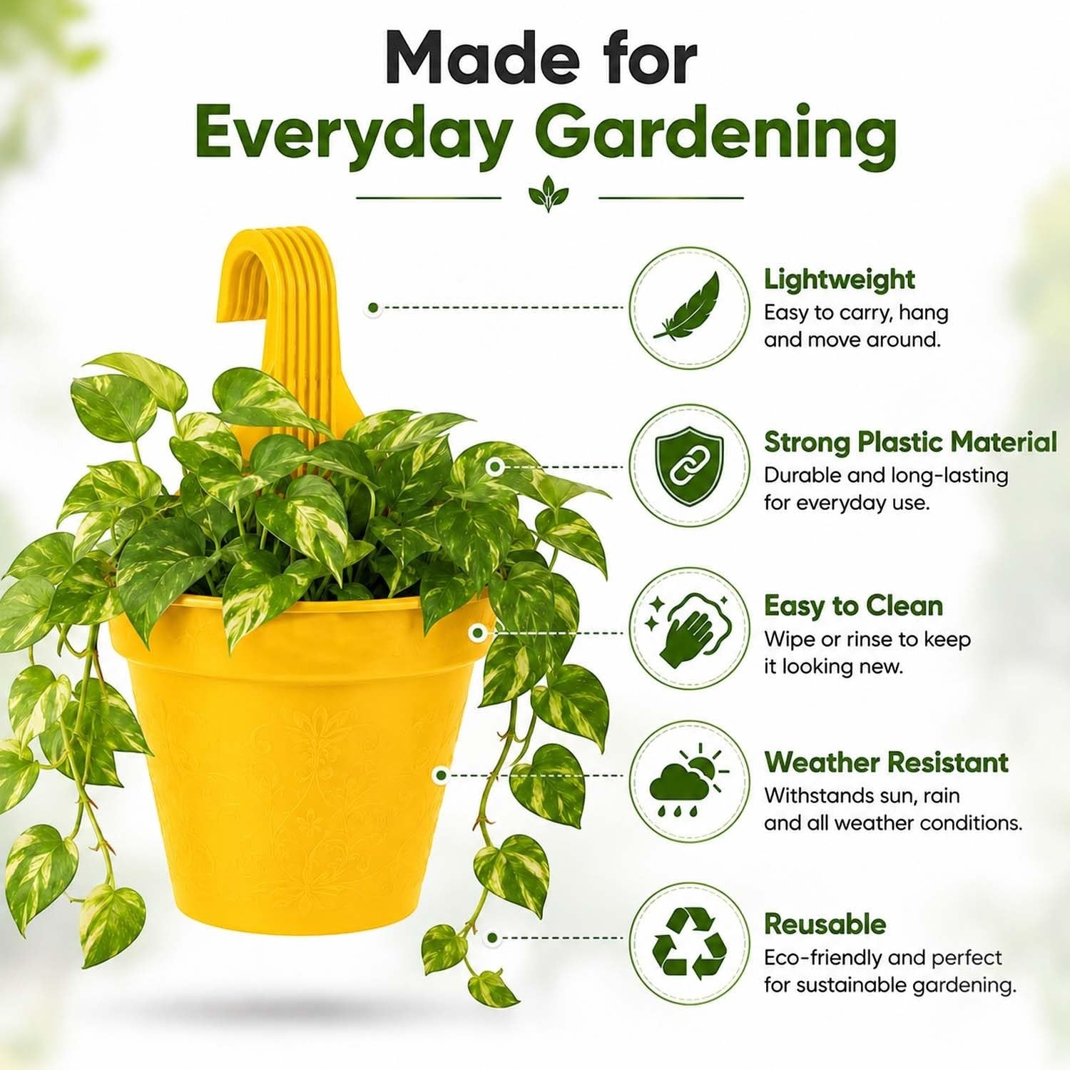 Go Hooked yellow plastic hanging pot with a plant, lightweight, durable, easy to clean, weather resistant, and reusable.