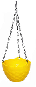 GoHooked yellow plastic hanging pot with diamond pattern and black chain. Ideal for flowers, herbs, and plants.