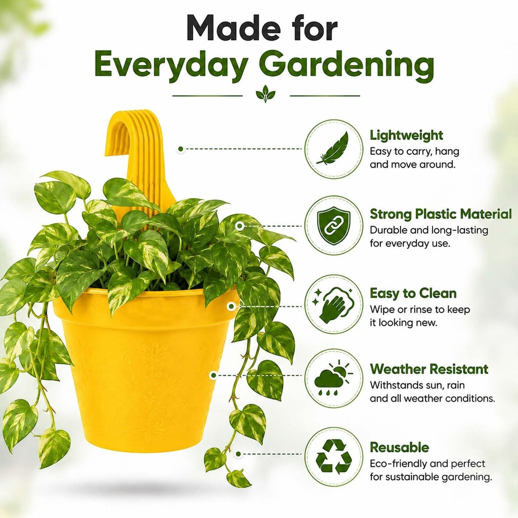 GoHooked yellow plastic hanging pot with a trailing plant, perfect for balconies and small spaces.