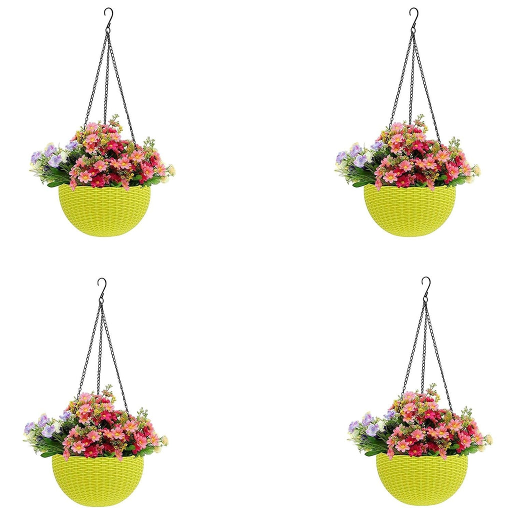 GoHooked yellow plastic hanging pot with woven texture, filled with pink, red, and purple flowers. Set of 4.