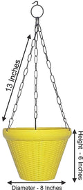 GoHooked yellow plastic round hanging pot with woven texture and metal chain, 9-inch diameter.