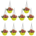 GoHooked yellow plastic hanging pots with woven texture, 7.1 inch diameter, filled with pink and purple flowers. Set of 10.