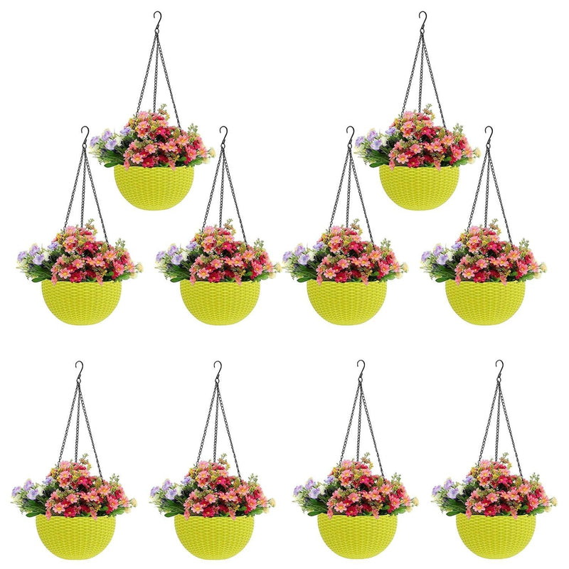 GoHooked yellow plastic hanging pots with woven texture, 7.1 inch diameter, filled with pink and purple flowers. Set of 10.