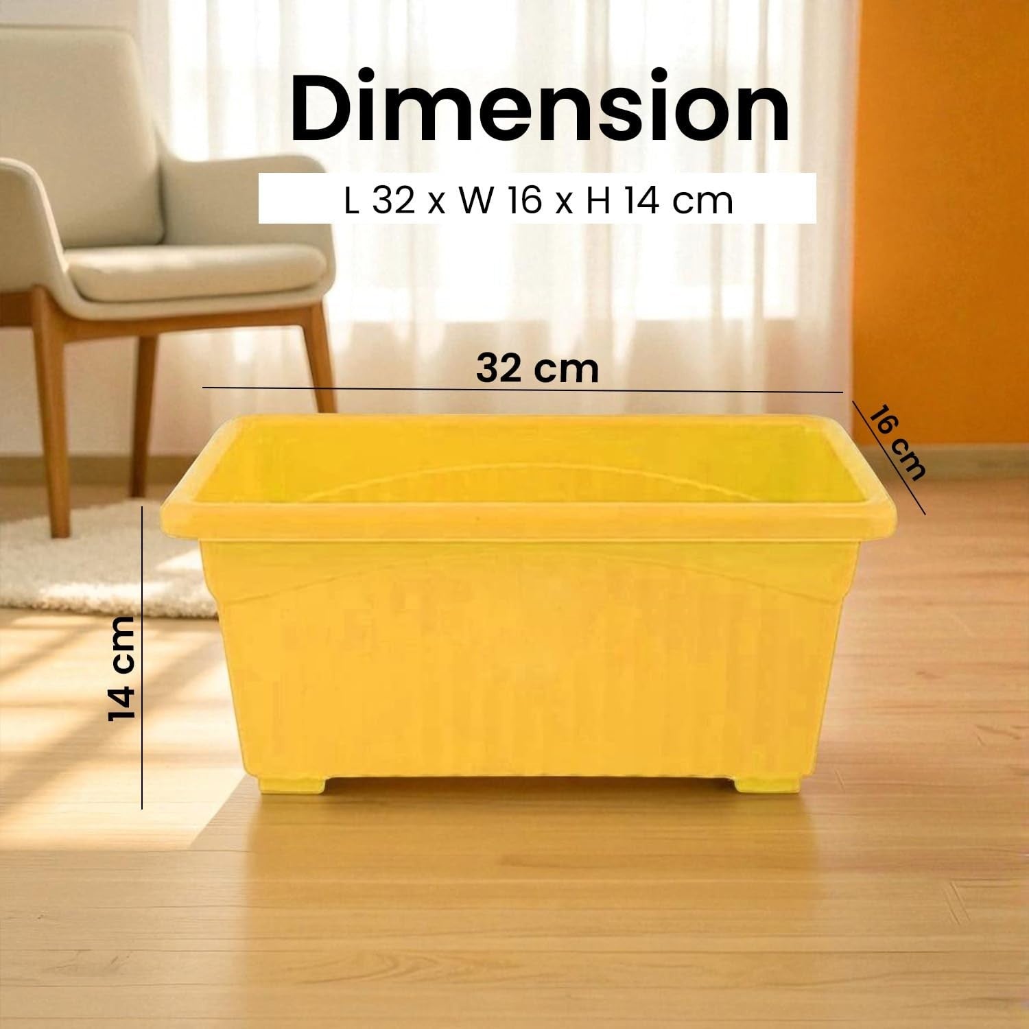 GoHooked yellow rectangular plastic plant pot, 35cm, durable and UV resistant for home or garden use.