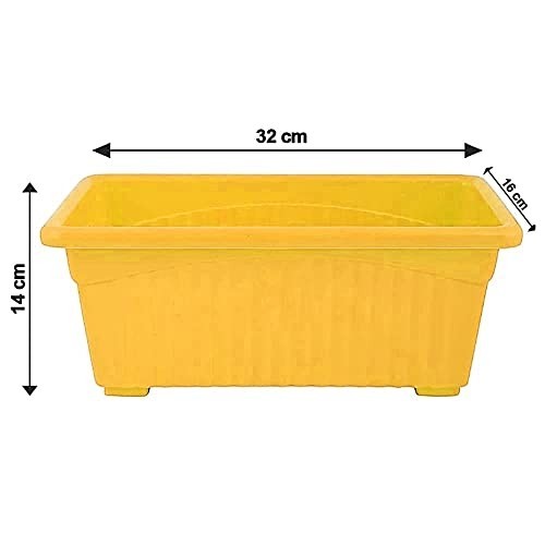 GoHooked yellow rectangular plastic plant pot with ribbed texture, 32cm long, 14cm high, 16cm wide.