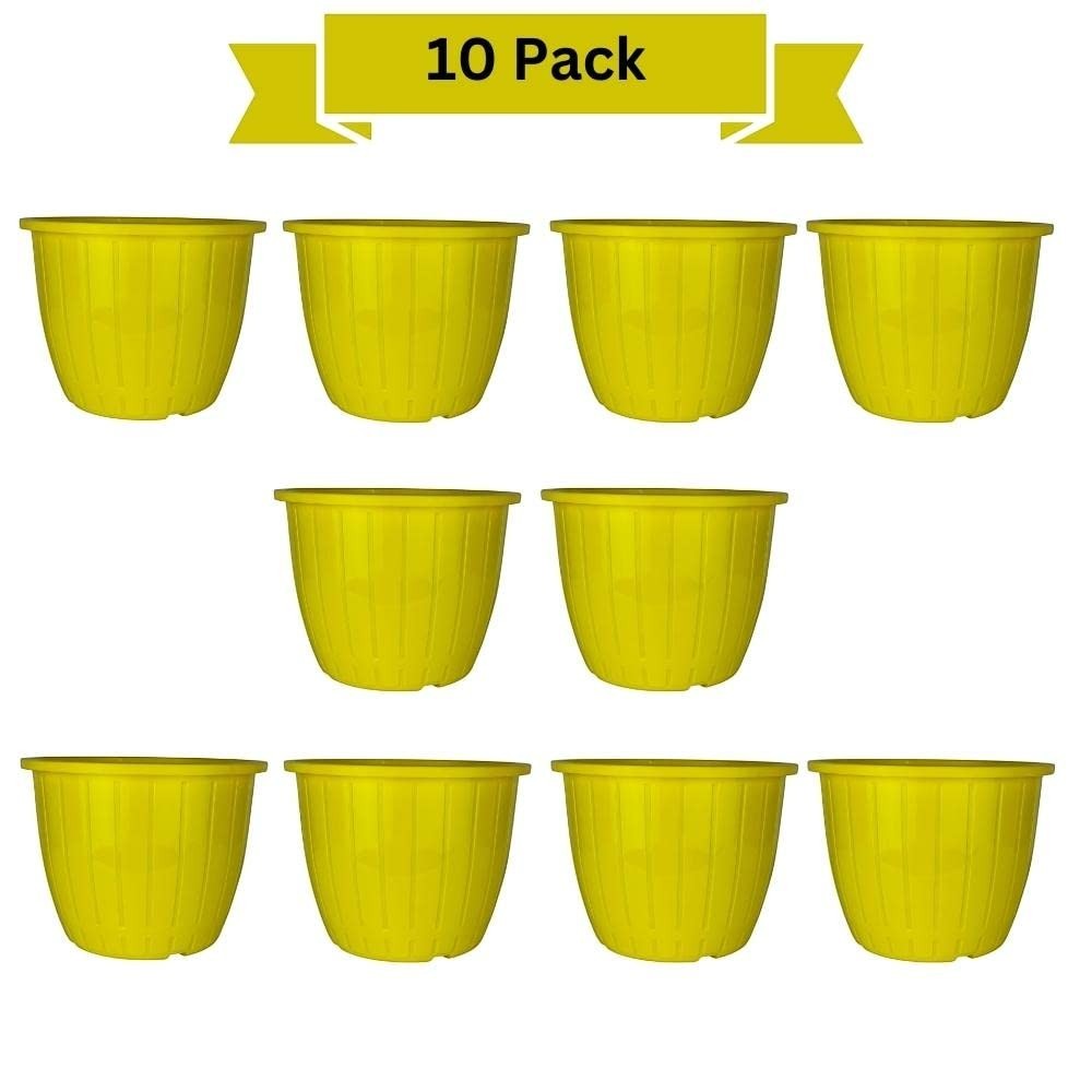 GoHooked set of 10 yellow plastic plant pots with ribbed texture and drainage holes.