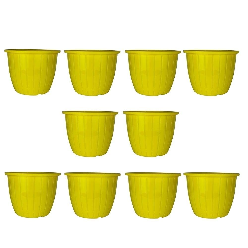 GoHooked Set of 10 yellow plastic plant pots with ribbed texture and drainage holes.