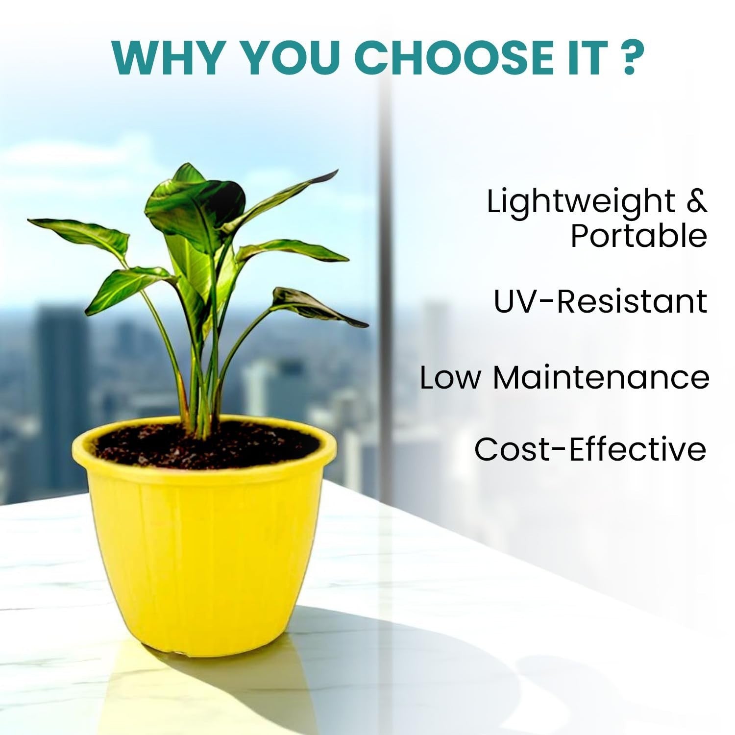 GoHooked set of 10 yellow plastic plant pots with ribbed texture and drainage holes. Lightweight, portable, UV-resistant, low maintenance, and cost-effective.