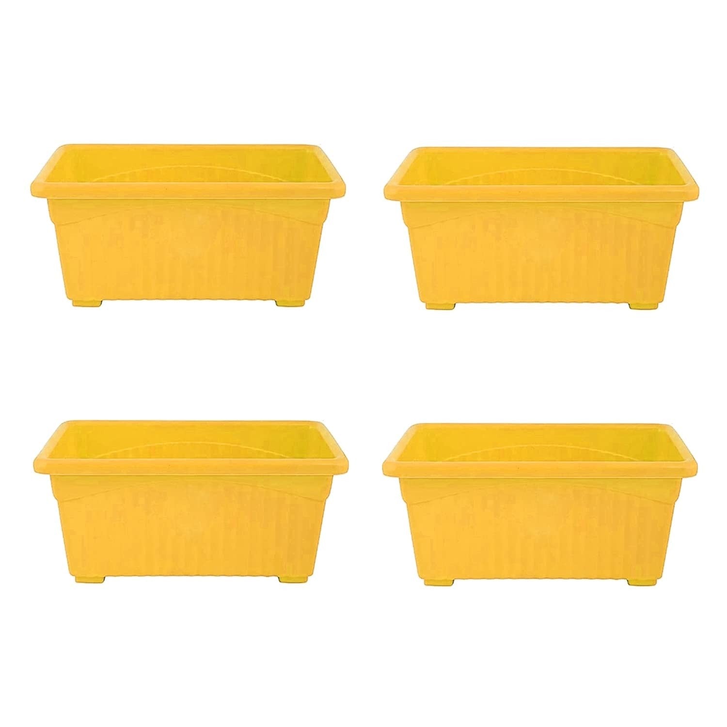 GoHooked Set of 4 yellow rectangular plastic plant pots with ribbed texture and drainage feet.