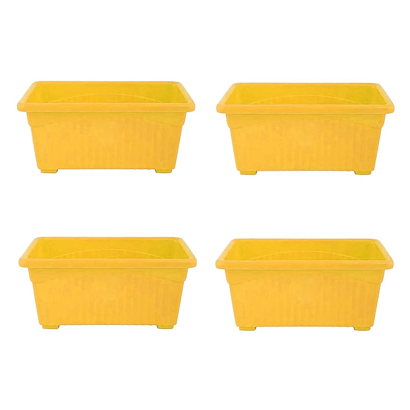 GoHooked Set of 4 yellow rectangular plastic plant pots with ribbed texture and drainage feet.