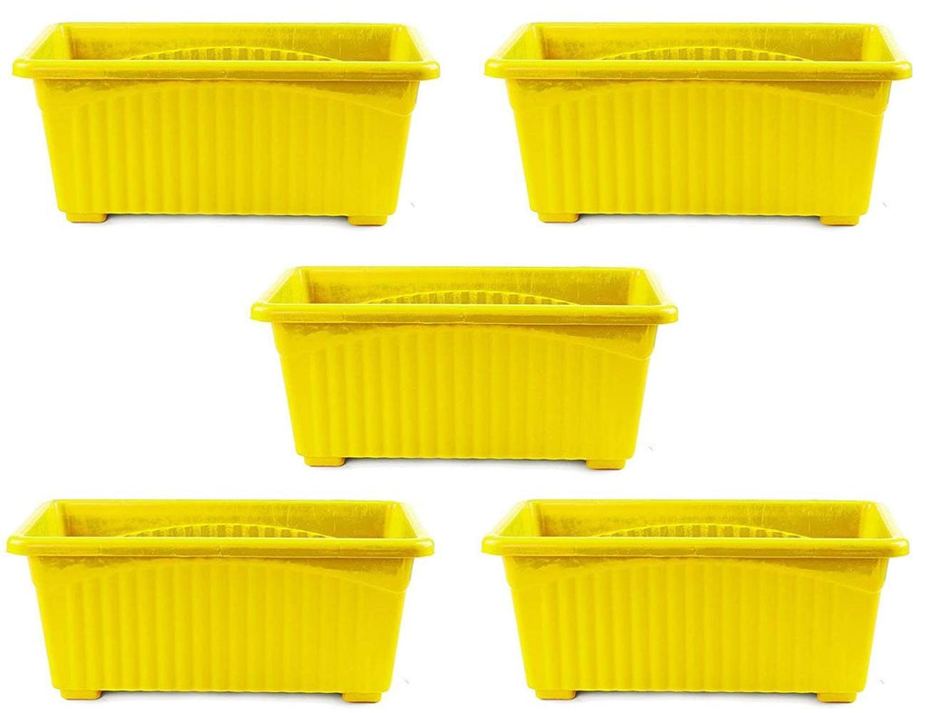 GoHooked Set of 5 yellow rectangular plastic plant pots with ribbed texture and a polished finish.