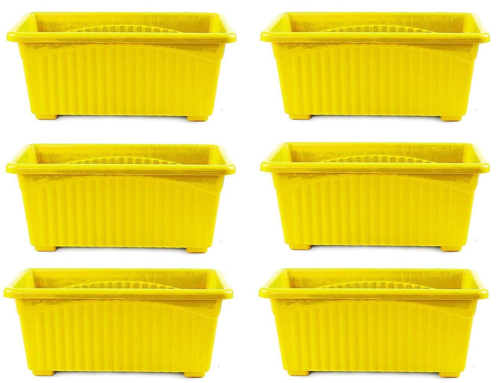 Go Hooked set of 6 yellow rectangular plastic plant pots with rust-resistant feature.
