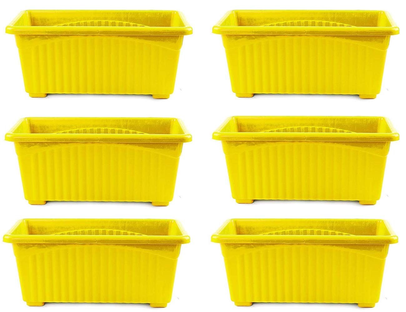 Go Hooked set of 6 yellow rectangular plastic plant pots with rust-resistant feature.