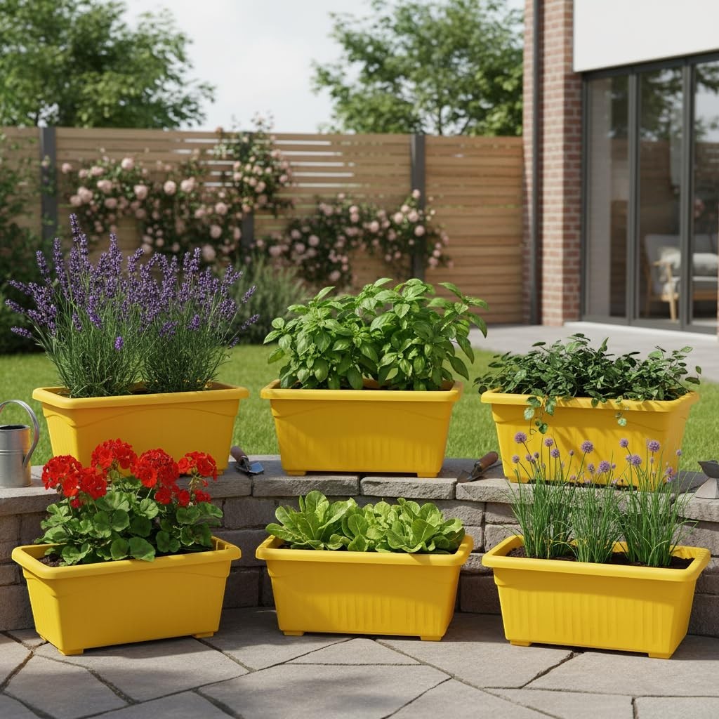 Set of 6 Go Hooked yellow rectangular plastic plant pots, each holding different plants like lavender, basil, and geraniums.