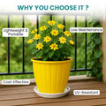 GoHooked yellow 8-inch plastic planter with yellow flowers and a white drip tray, ideal for indoor/outdoor gardening.
