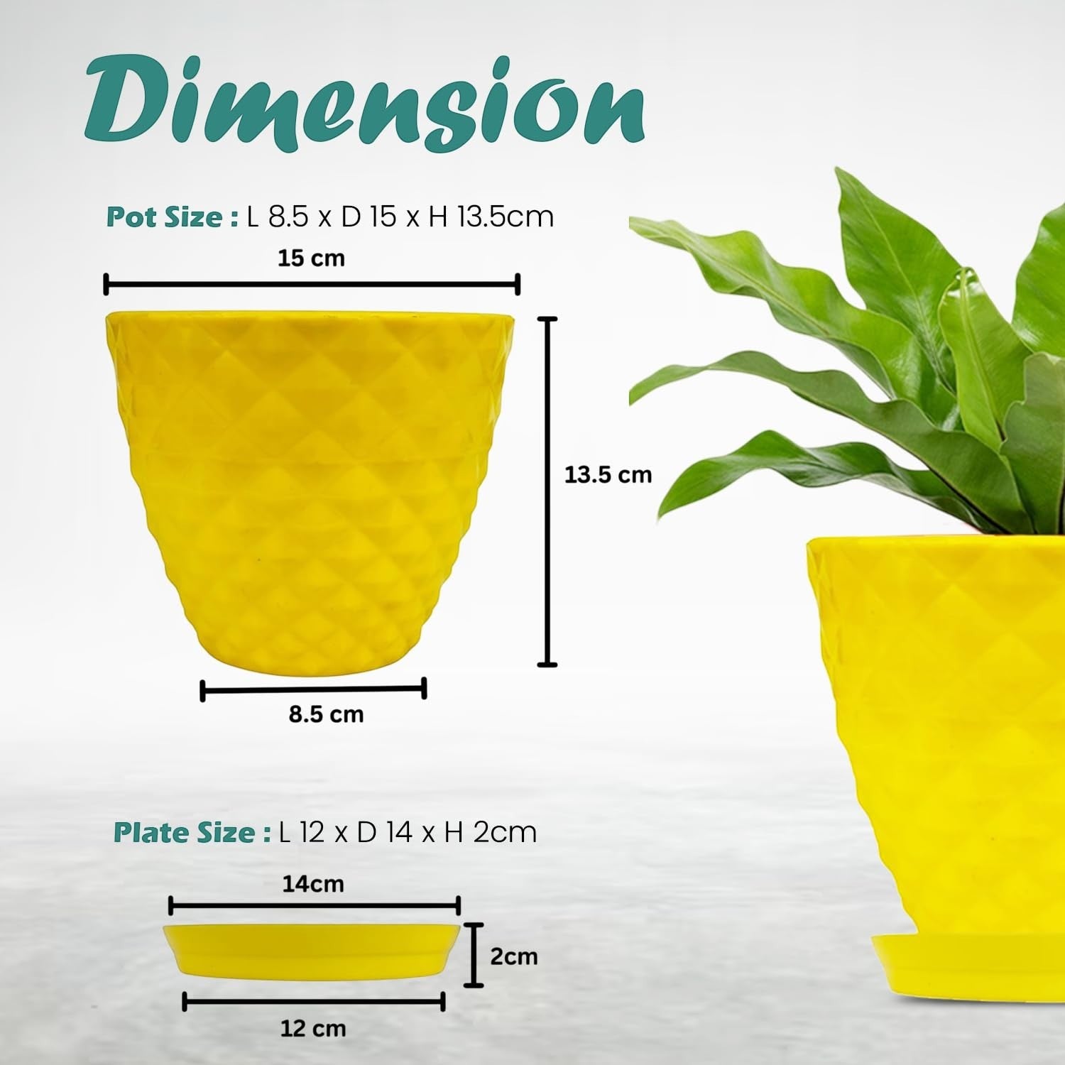 Go Hooked yellow diamond-patterned plastic planter pot with saucer, 6-inch size, for indoor/outdoor plants.