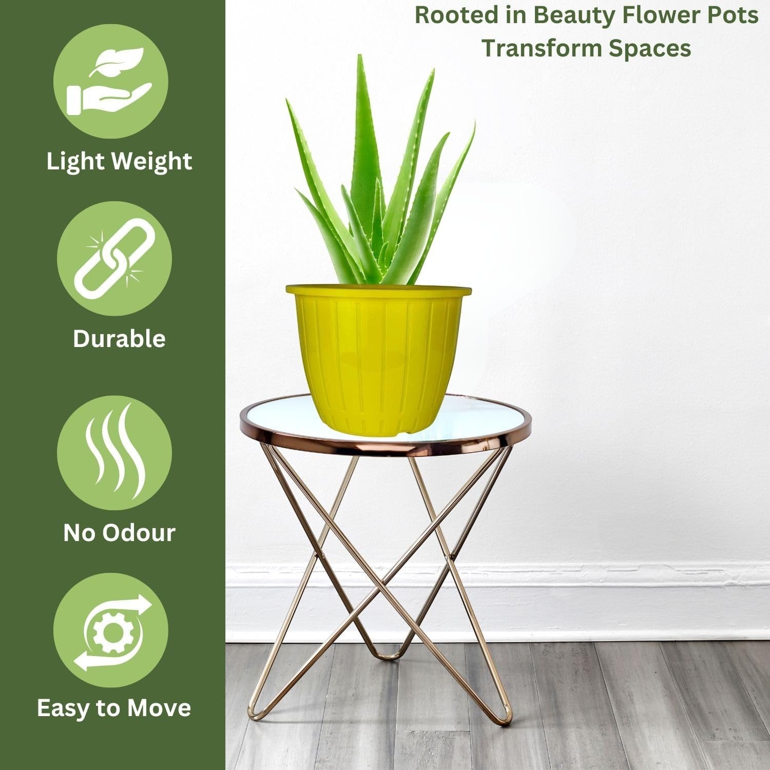 GoHooked yellow 8-inch plastic planter pot with aloe vera plant on a white-top table.