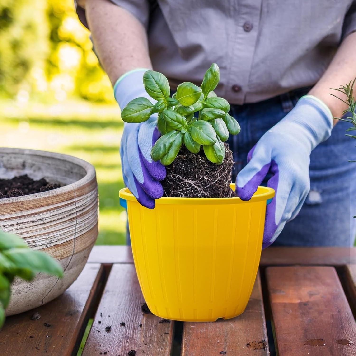 GoHooked yellow 8-inch plastic planter pot with tray, ideal for indoor/outdoor gardening. BPA-free.
