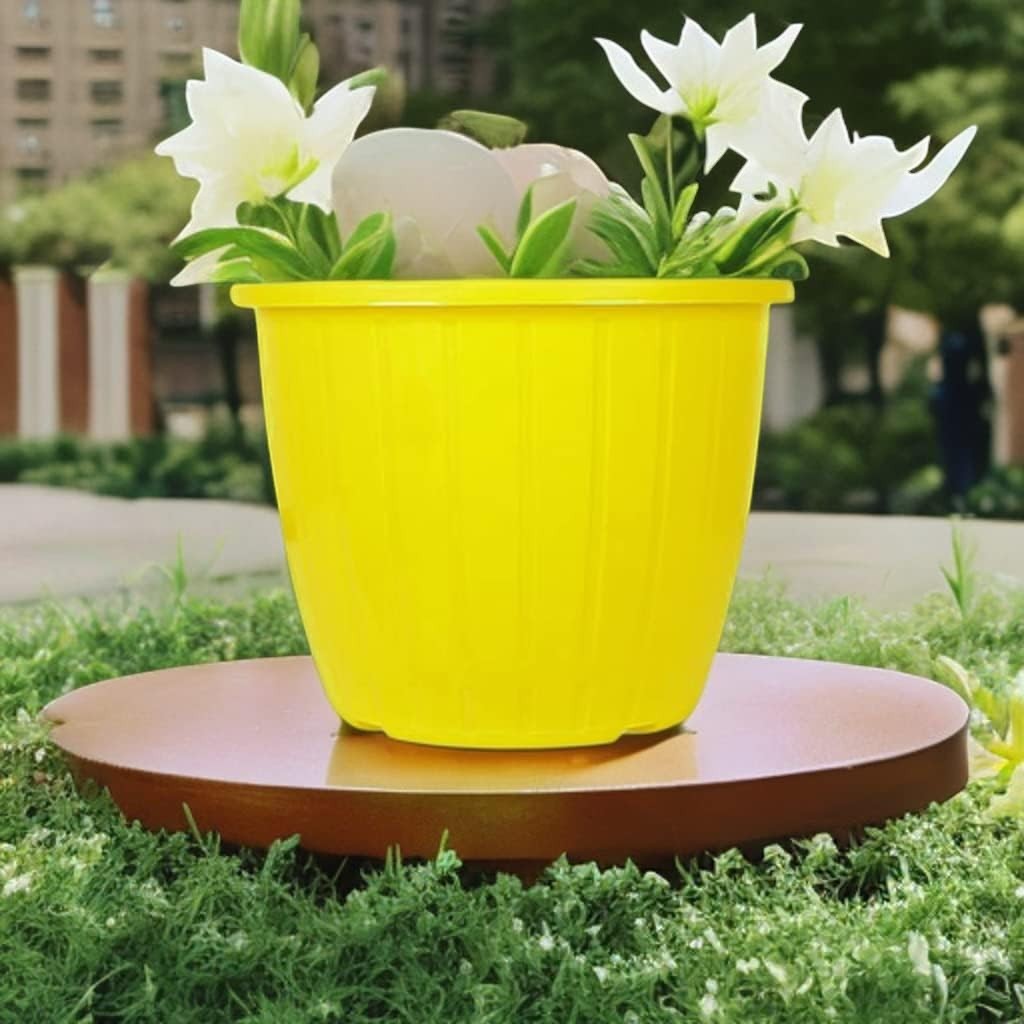 Go Hooked yellow plastic planter pot with white flowers, 9-inch diameter, 7.5-inch height, 2 pieces