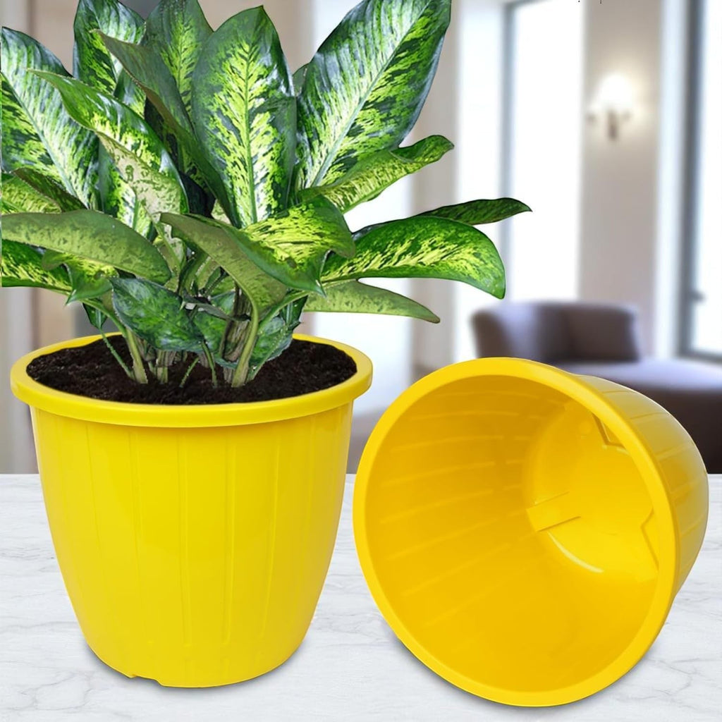 GoHooked yellow plastic planter pot, 9-inch diameter, 7.5-inch height, with vertical ribbed texture. Two pots shown.