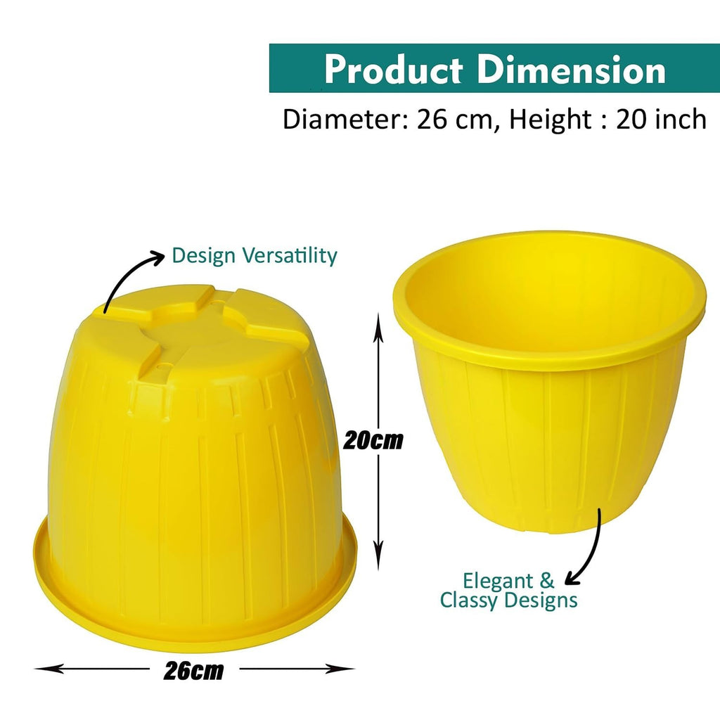 GoHooked yellow plastic planter pot, 9-inch diameter, 7.5-inch height, round shape, suitable for indoor/outdoor use.