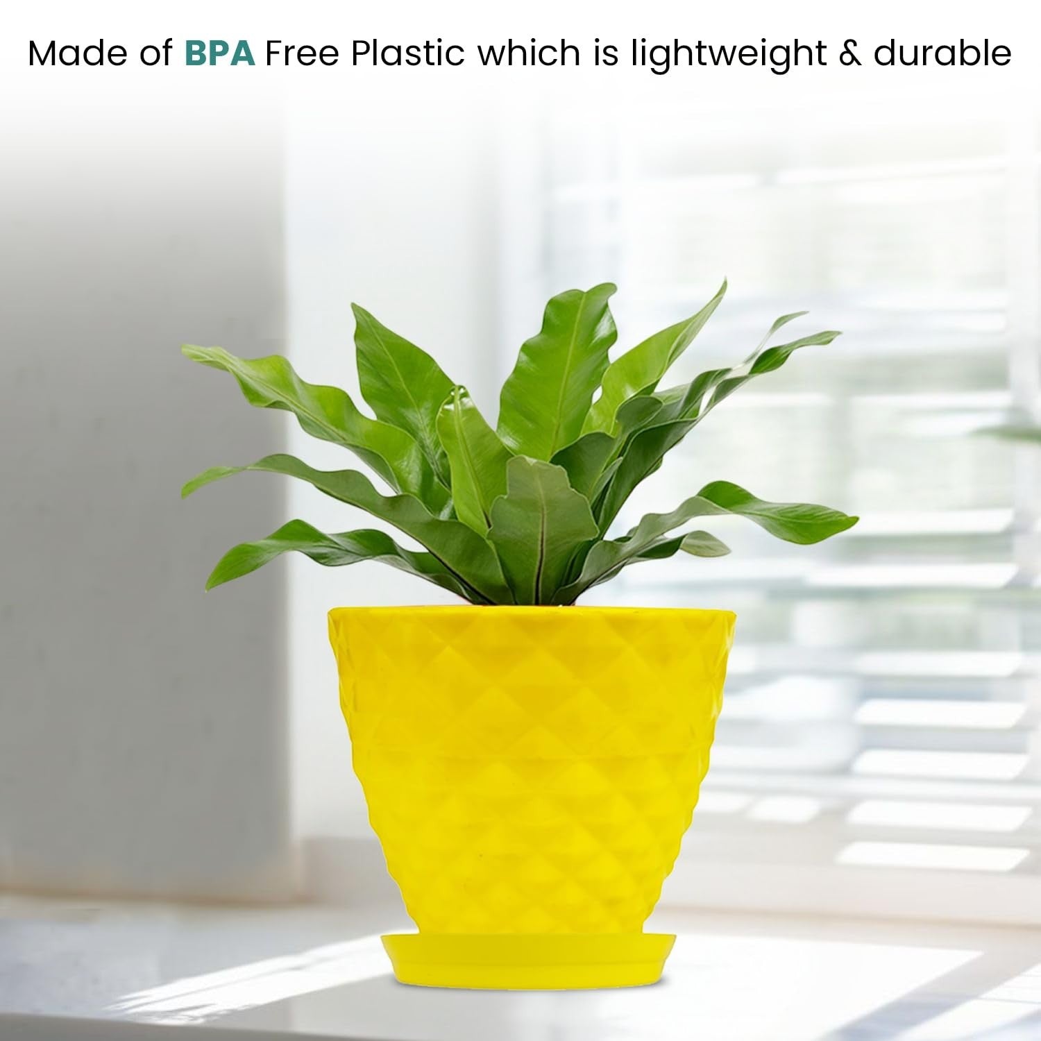 Go Hooked yellow plastic planter pot with diamond pattern and saucer, 6 inch size, for indoor/outdoor plants.