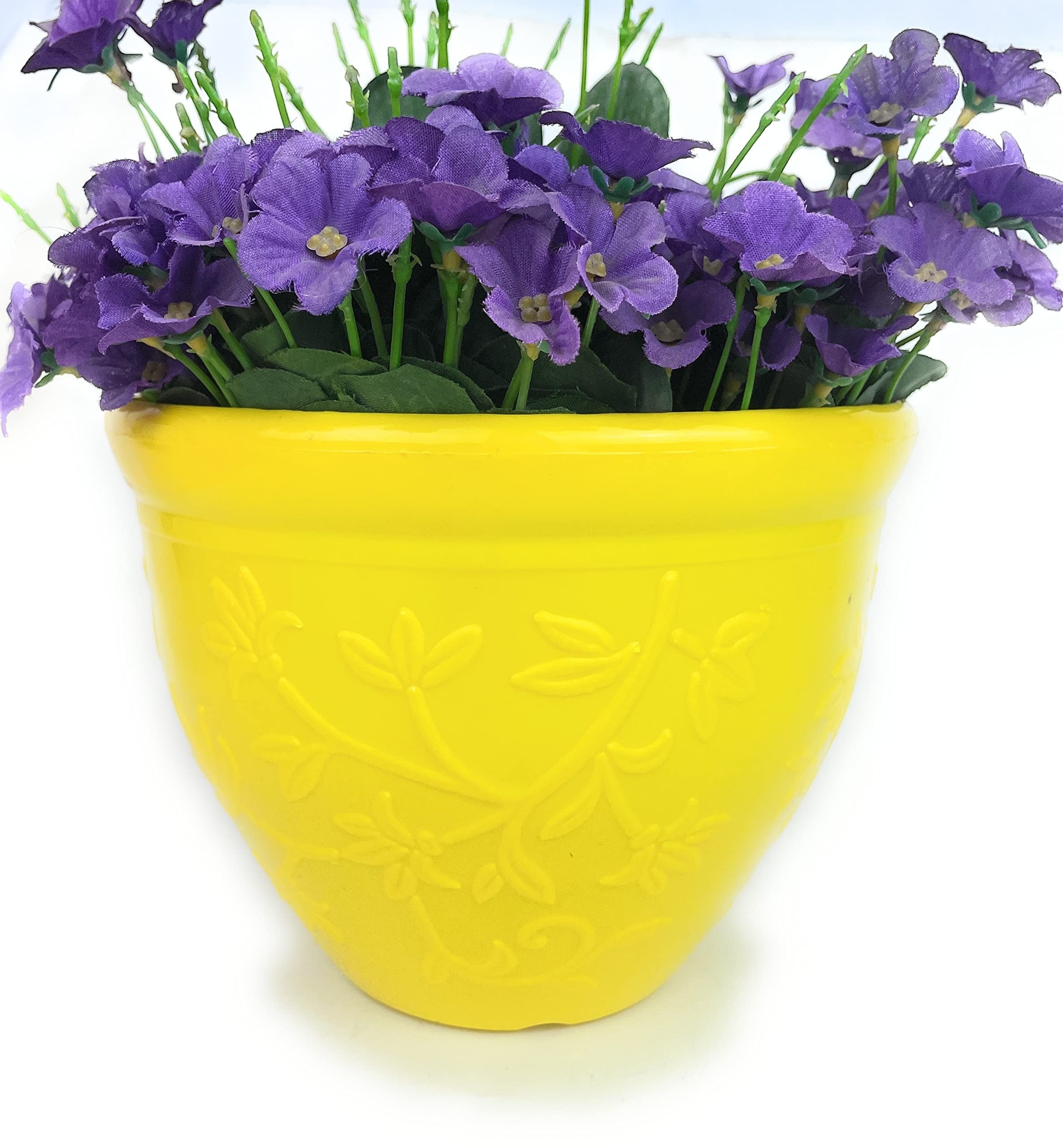 GoHooked yellow plastic planter pot with embossed floral design, 8 inch, suitable for indoor/outdoor plants.