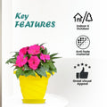 GoHooked yellow plastic planter pot with saucer, featuring a modern twister design and pink flowers. Suitable for indoor/outdoor use.