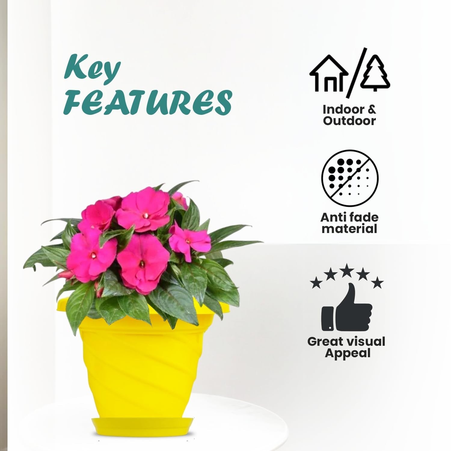 GoHooked yellow plastic planter pot with saucer, featuring a modern twister design and pink flowers. Suitable for indoor/outdoor use.