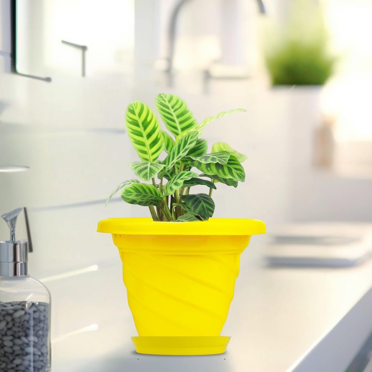 GoHooked yellow plastic planter pot with saucer, modern twister design, 6 inch size, ideal for indoor/outdoor plants.