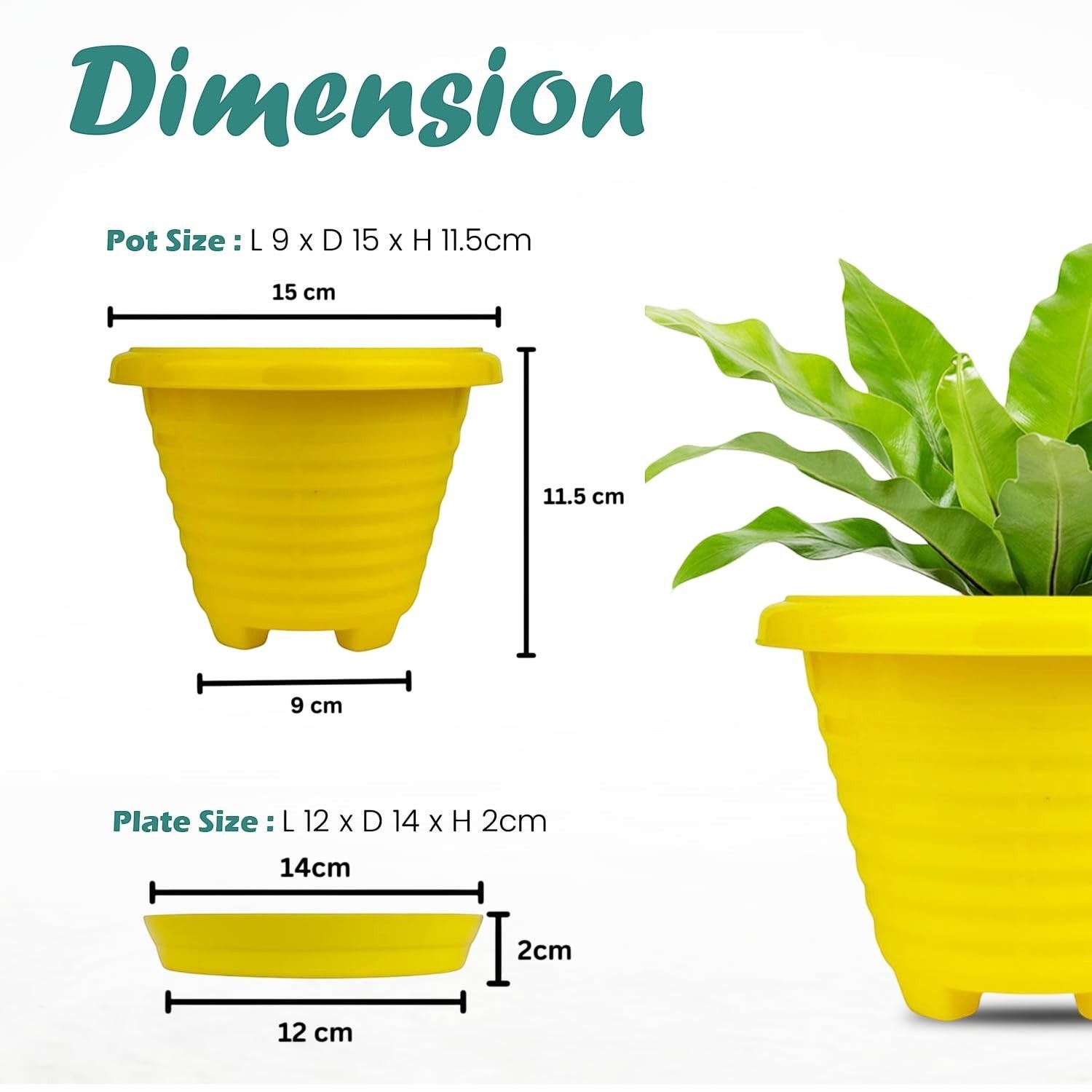 GoHooked yellow plastic planter pot with saucer, 6-inch size, modern ribbed design, ideal for indoor/outdoor plants.