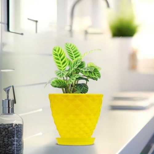 Go Hooked yellow plastic planter pot with saucer, featuring a diamond-patterned exterior and a healthy green plant.