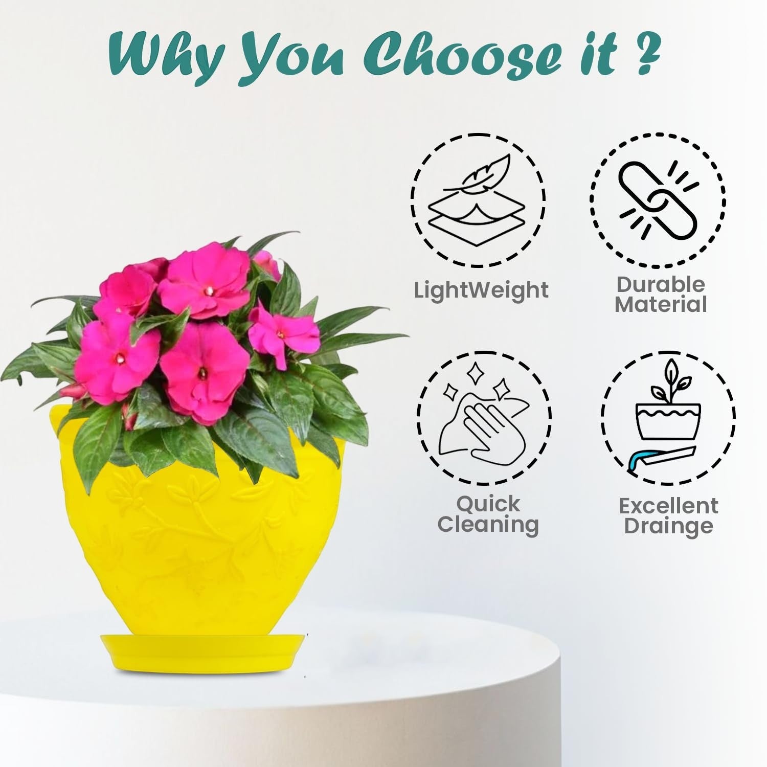 Go Hooked yellow plastic planter pot with embossed floral design and saucer, featuring pink flowers.