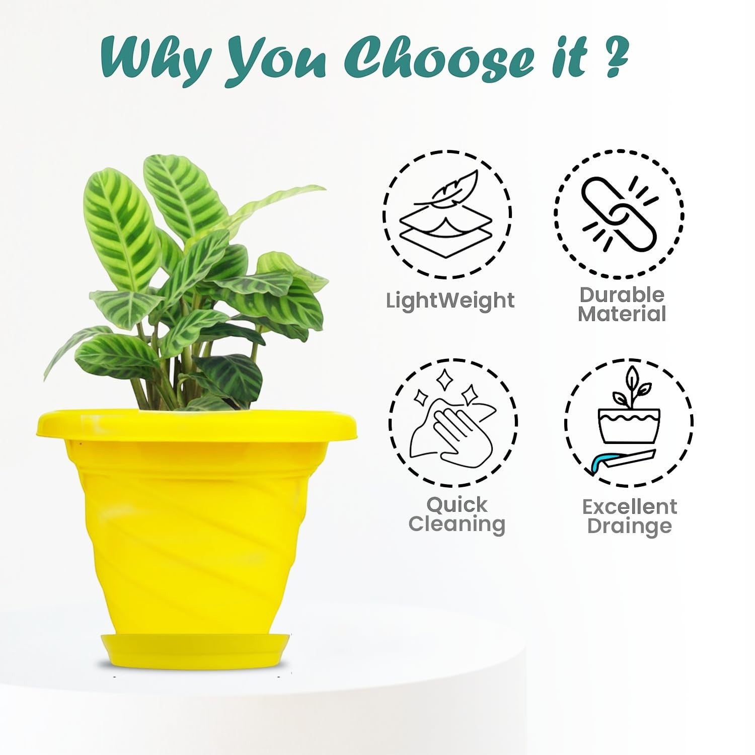 Go Hooked yellow plastic planter pot with saucer, featuring a modern twister design and drainage holes. Ideal for indoor/outdoor plants.